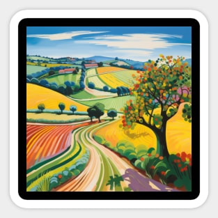 a landscape with a tree and fields Sticker